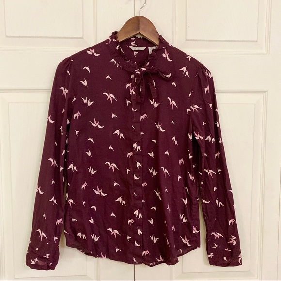 Dockers Button Tie Collar Maroon Bird Print Button Up Long Sleeve Blouse - Picture 7 of 7